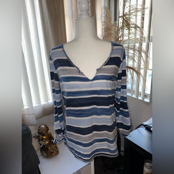 a.n.a Blue White Striped V Neck Long Sleeved Shirt size PXL - Picture 7 of 9